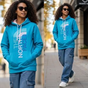 The North Face Turquoise and Pink Logo Pullover Hoodie Size XL
